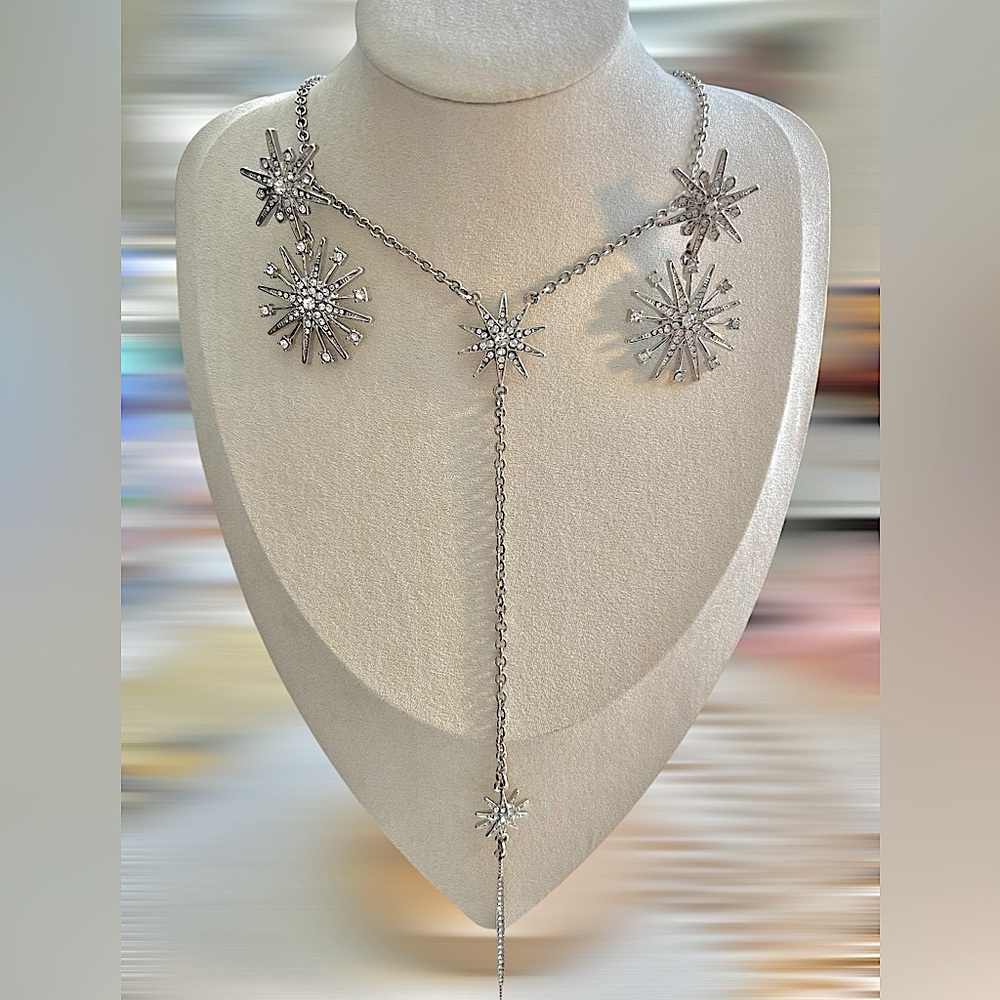 Rhinestone Starburst Silver Pendant Necklace with Matching Earrings